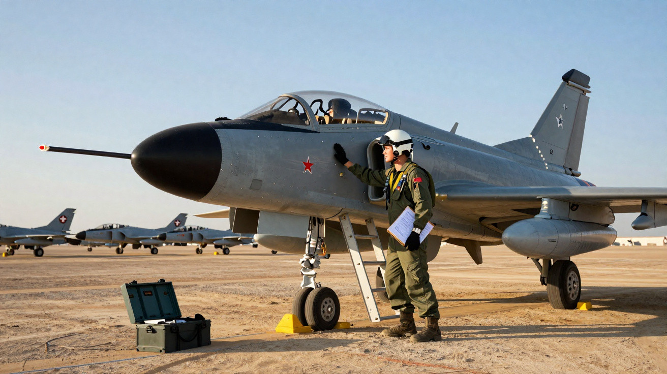 Piloto com equipamento de voo e prancheta inspeciona caça militar cinza no deserto durante o dia.
