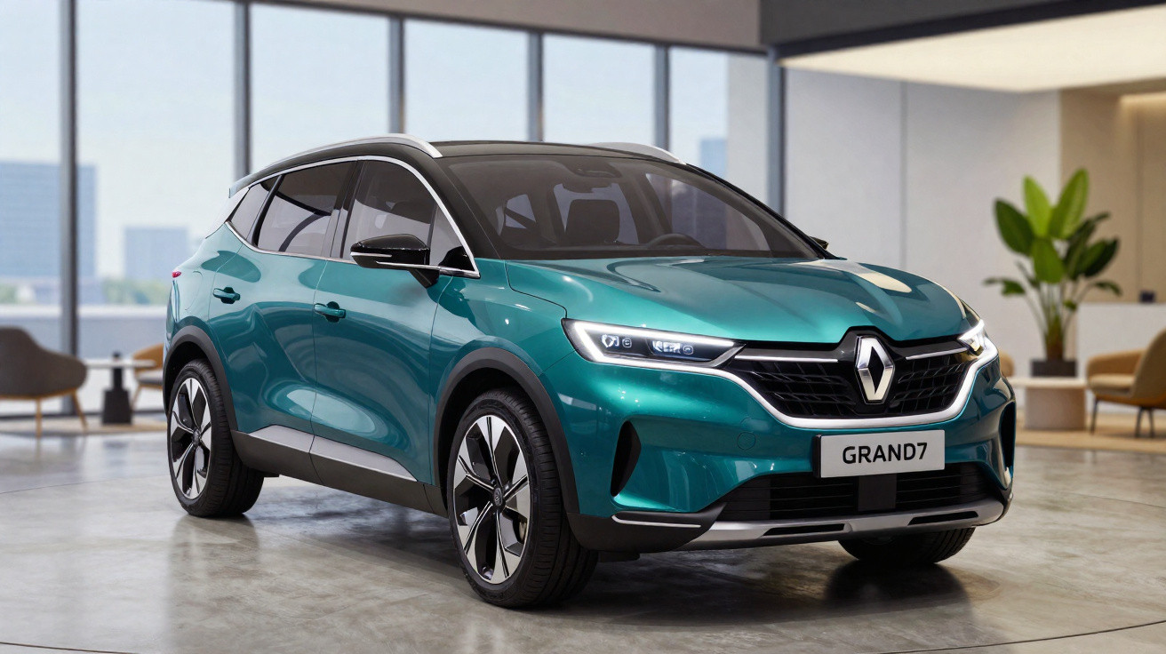 SUV Renault Grand7 verde metálico estacionado em ambiente interno moderno com grandes janelas.