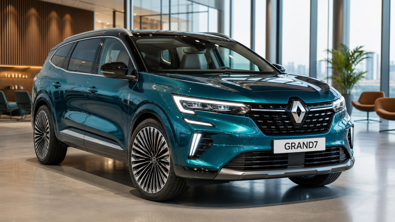 Carro SUV Renault Grand7 azul metálico estacionado em ambiente interno moderno com janelas grandes.