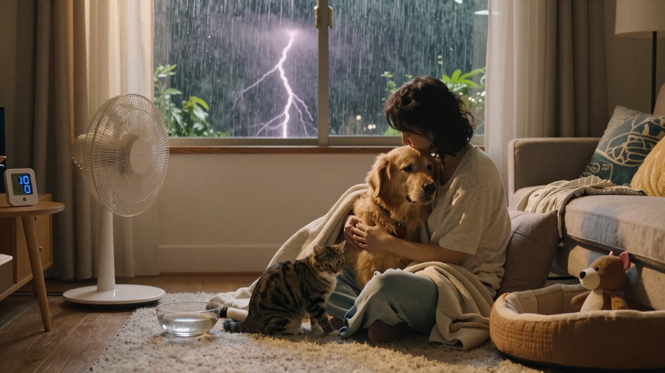 Mulher abraça cachorro enquanto gato observa, com relâmpago e chuva vista pela janela atrás.