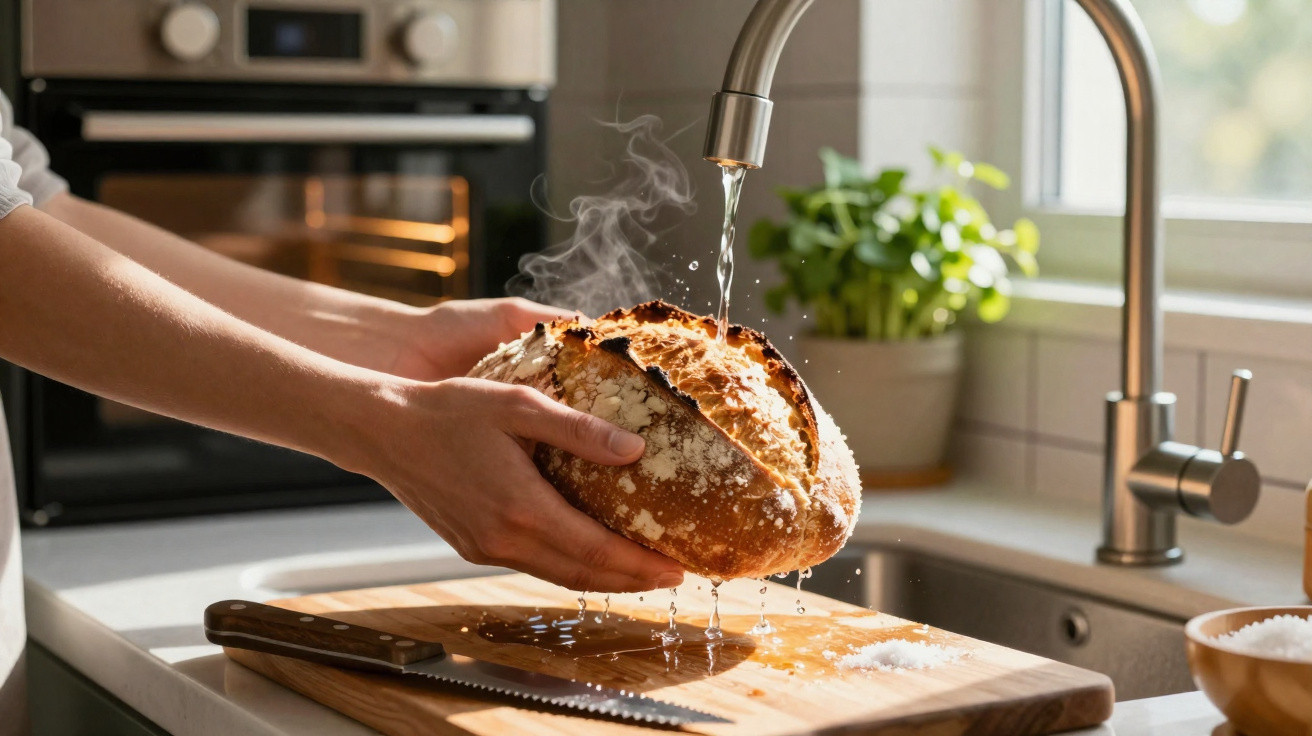 Pessoa lavando pão quente e fumegante em pia de cozinha moderna com forno ao fundo.