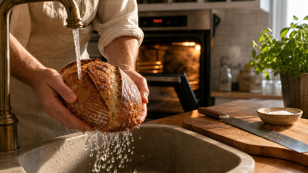 Pessoa lavando pão rústico de crosta crocante sob torneira na cozinha com forno ao fundo.