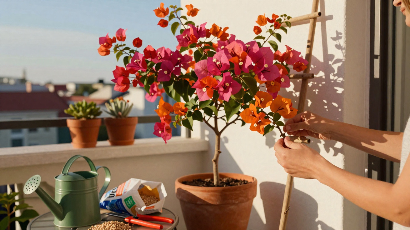 Pessoa cuidando de planta com flores laranjas e rosas em vaso grande em varanda ensolarada.