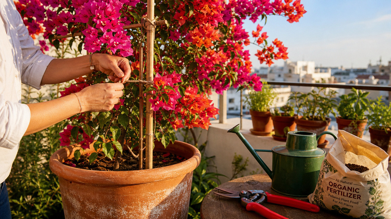 Pessoa cuidando de planta com flores rosas em vaso grande, ao lado regador e fertilizante orgânico em varanda.