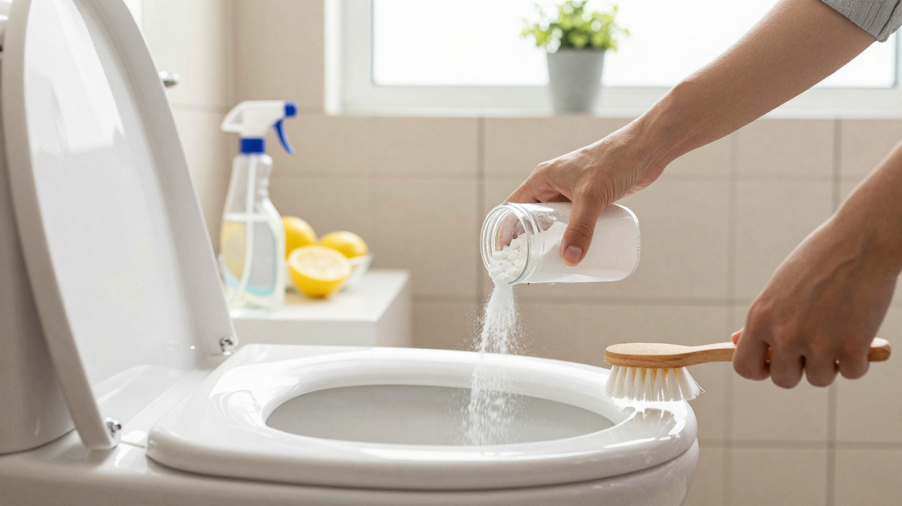 Pessoa despejando pó de limpeza em vaso sanitário branco para higienização no banheiro.