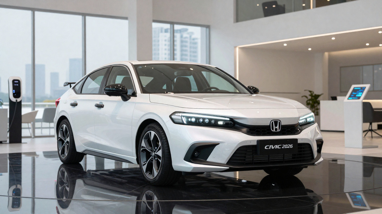 Carro Honda Civic 2026 branco estacionado em showroom moderno com piso preto brilhante e iluminação interna.