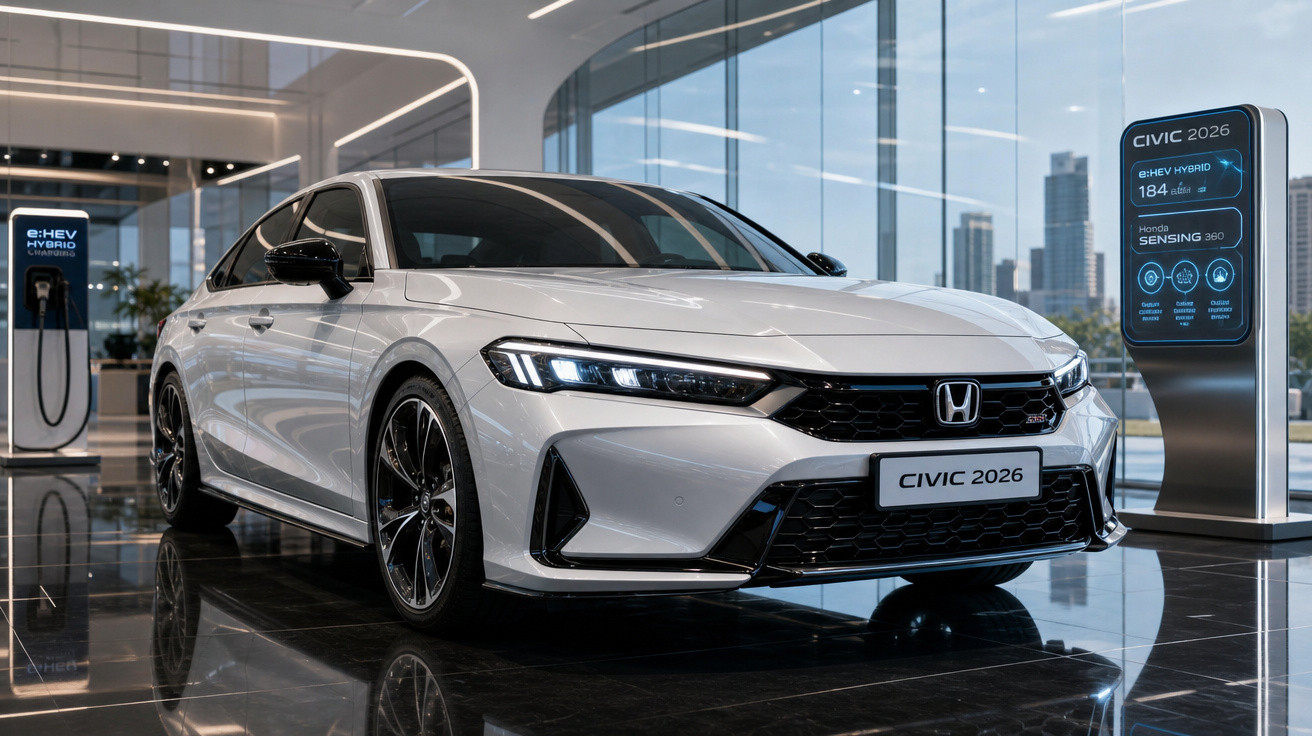 Carro Honda Civic 2026 branco híbrido em exposição interna com painel informativo ao lado.
