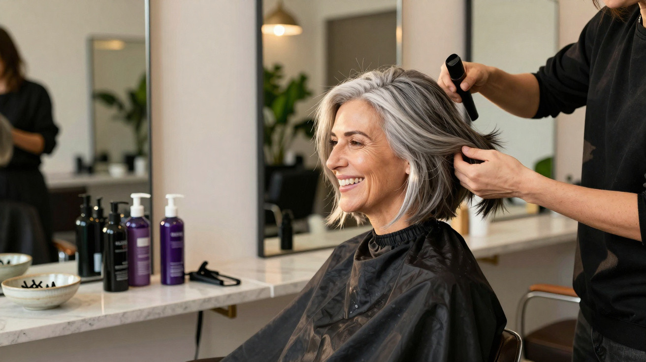 Mulher sorridente com cabelo grisalho sendo penteada por cabeleireiro em salão de beleza.