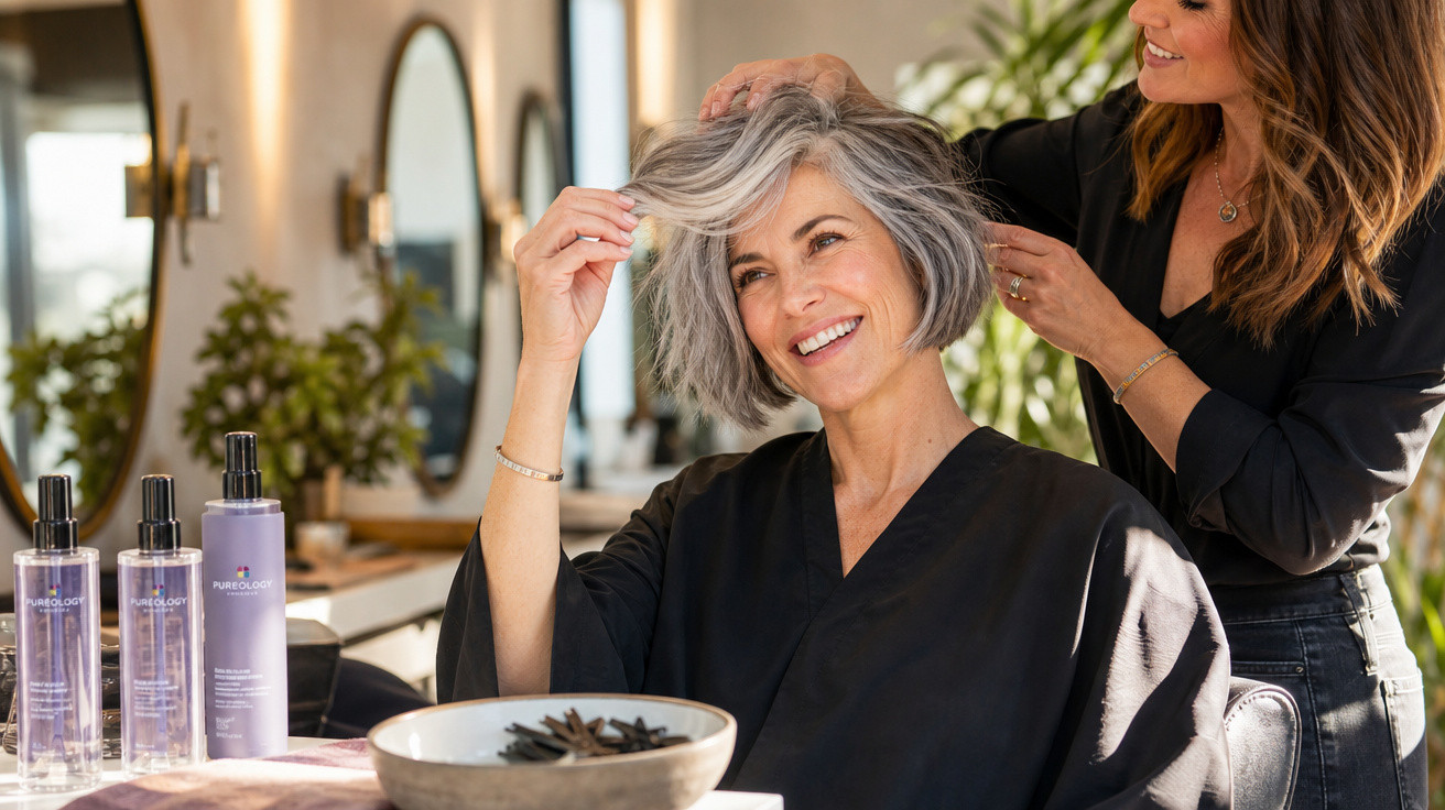 Mulher grisalha sorrindo enquanto cabeleireira arruma seu cabelo em salão moderno e iluminado.
