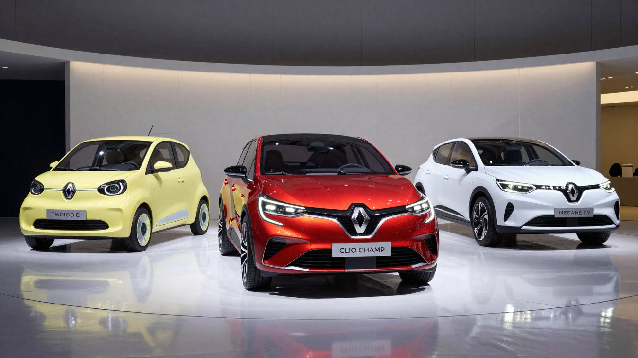 Três carros Renault expostos em pódio com fundo claro: amarelo, vermelho e branco.