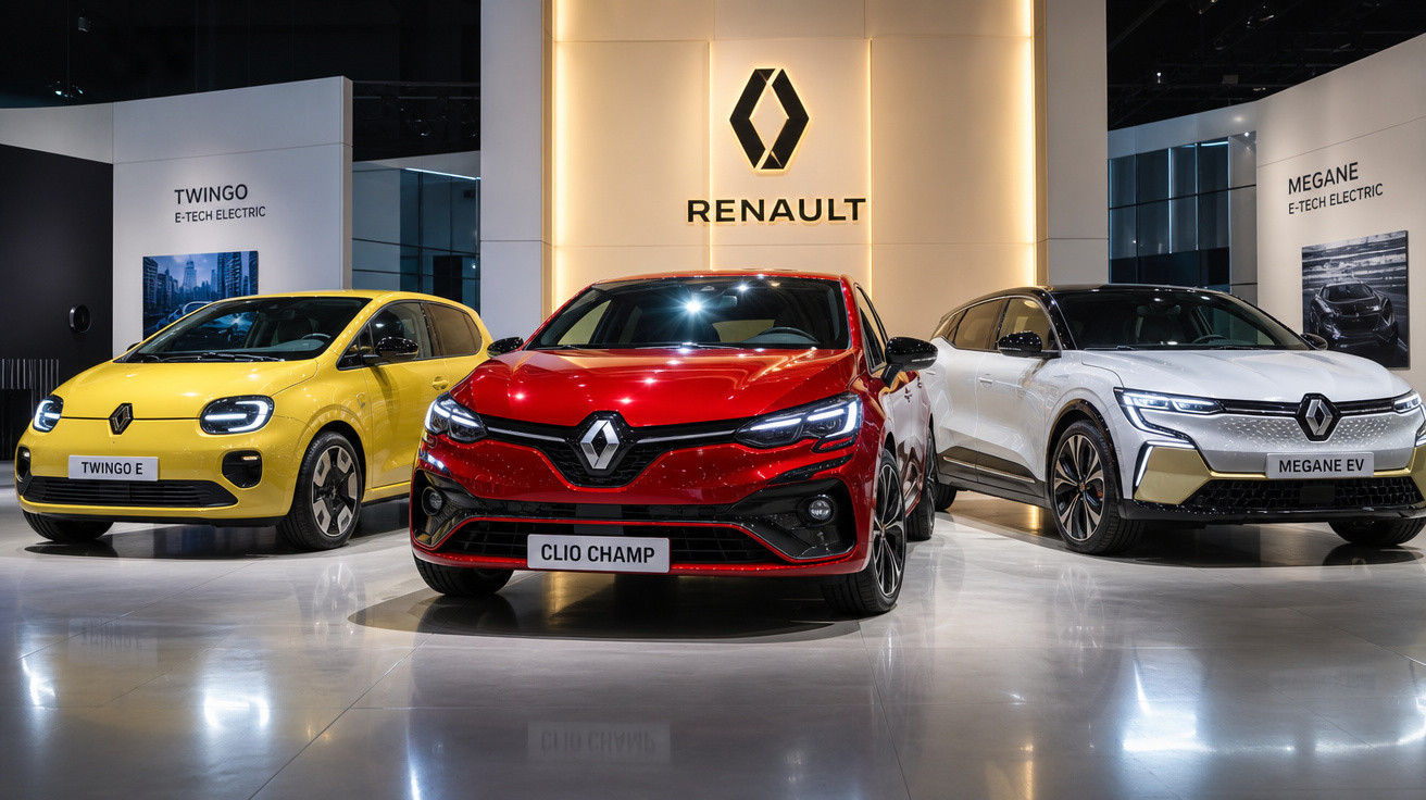 Três carros Renault expostos em showroom: Twingo amarelo, Clio Champ vermelho e Megane EV branco.