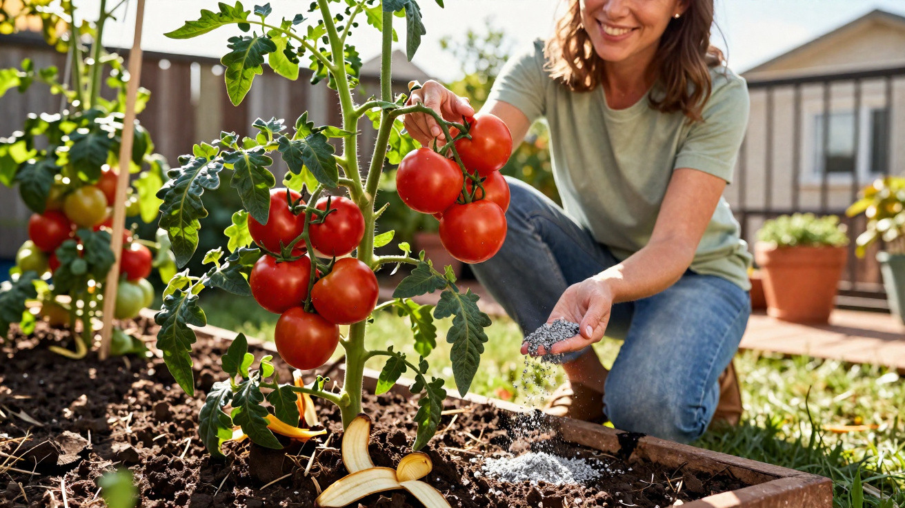 Mulher cuidando de tomateiras, aplicando fertilizante em plantação de tomate no jardim.