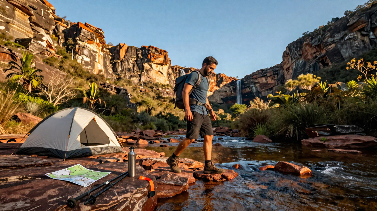 Homem com mochila atravessa riacho em área de montanhas com cachoeira, ao lado de barraca e equipamento de camping.