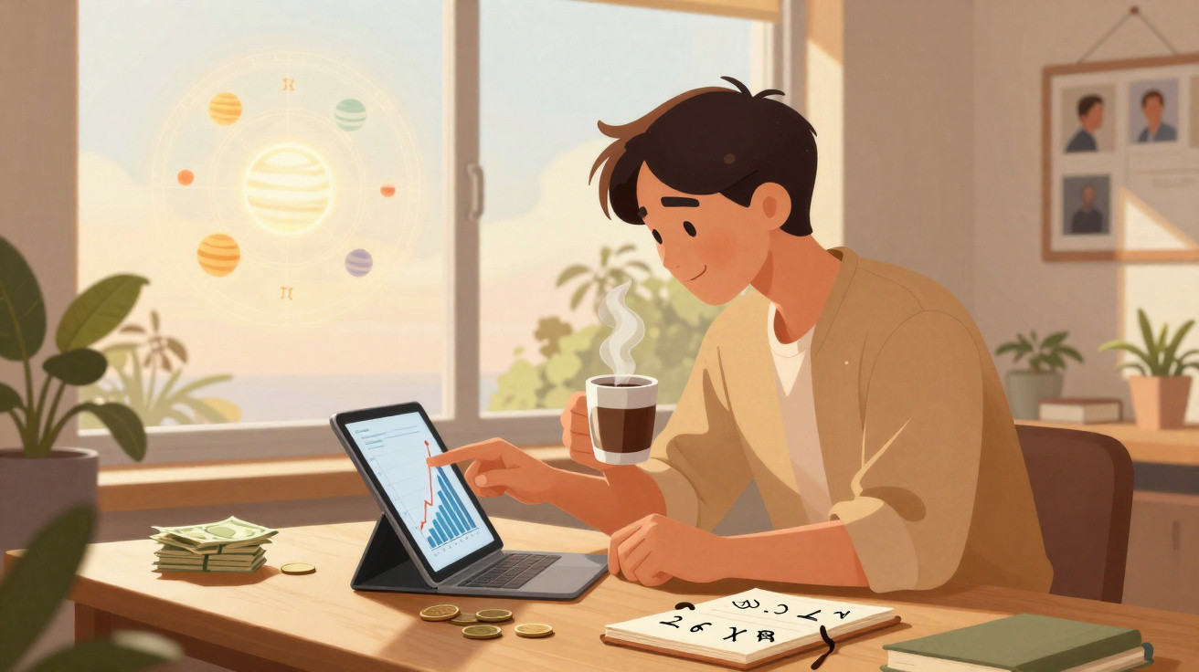 Homem analisando gráfico financeiro em tablet enquanto segura uma xícara de café em ambiente iluminado natural.