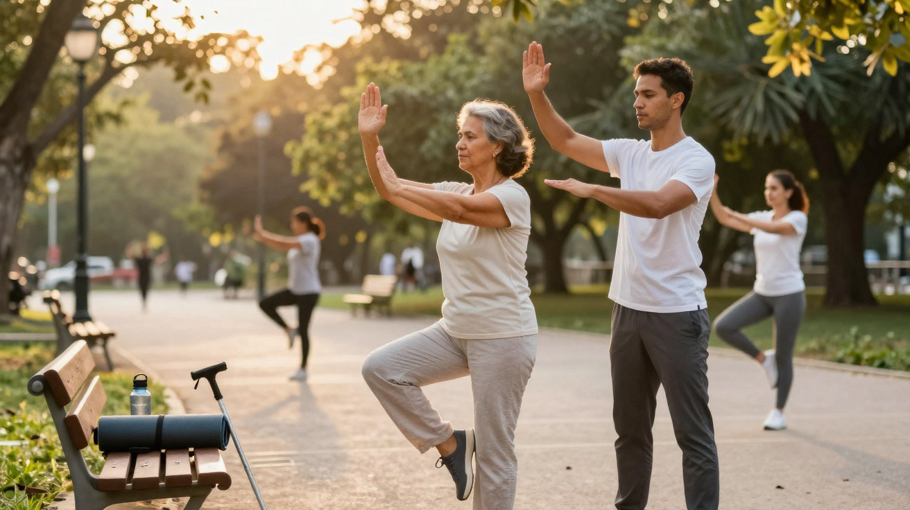 Pessoas praticando tai chi ao ar livre em parque, com luz suave do pôr do sol ao fundo.
