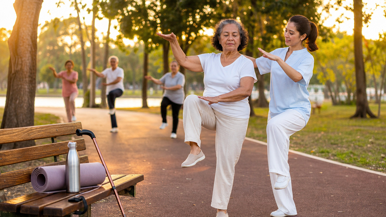 Mulher idosa praticando tai chi no parque com instrutora e grupo ao fundo durante o pôr do sol.