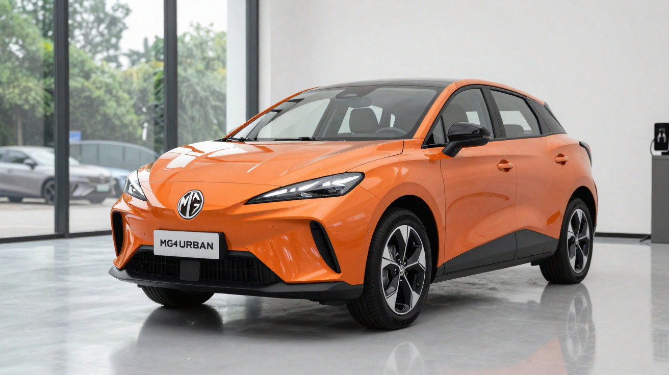 Carro elétrico compacto MG4 Urban na cor laranja exibido em showroom moderno e iluminado.
