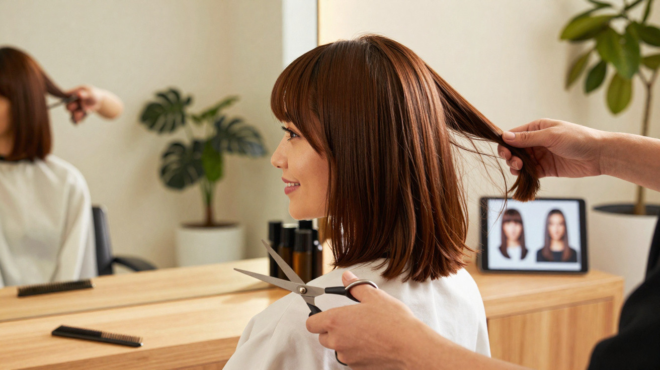 Mulher sorrindo recebe corte de cabelo em salão moderno com espelho e plantas ao fundo.