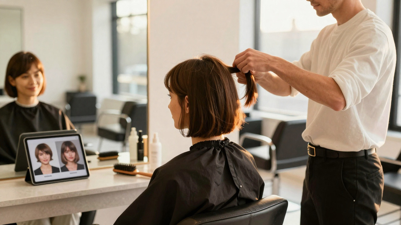 Mulher sentada em salão de beleza, cabeleireiro segurando seu cabelo para corte, tablet com fotos de cortes.