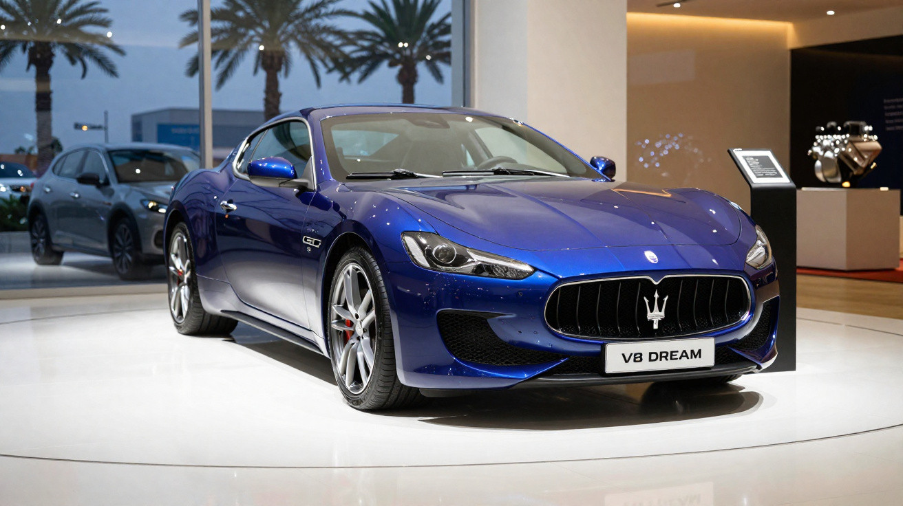 Carro esportivo azul Maserati V8 Dream exibido em showroom moderno com palmeiras ao fundo.