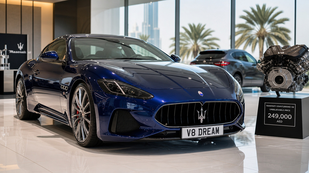 Carro esportivo Maserati azul escuro com motor V8 exposto em showroom moderno.