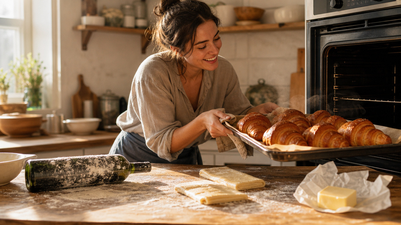 Mulher retirando croissants dourados do forno em cozinha rústica com utensílios e massa sobre a bancada.