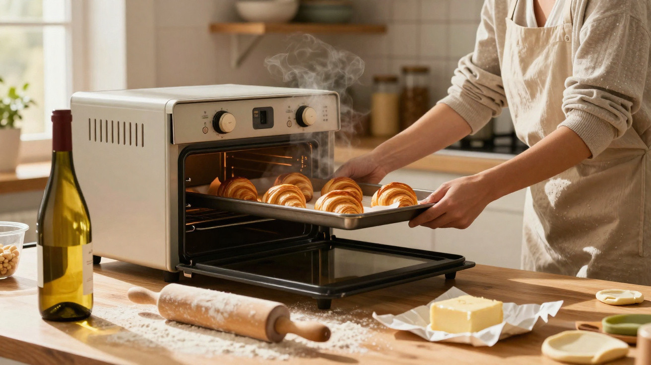 Pessoa retirando croissants assados com vapor de forno elétrico em cozinha iluminada com utensílios e ingredientes.