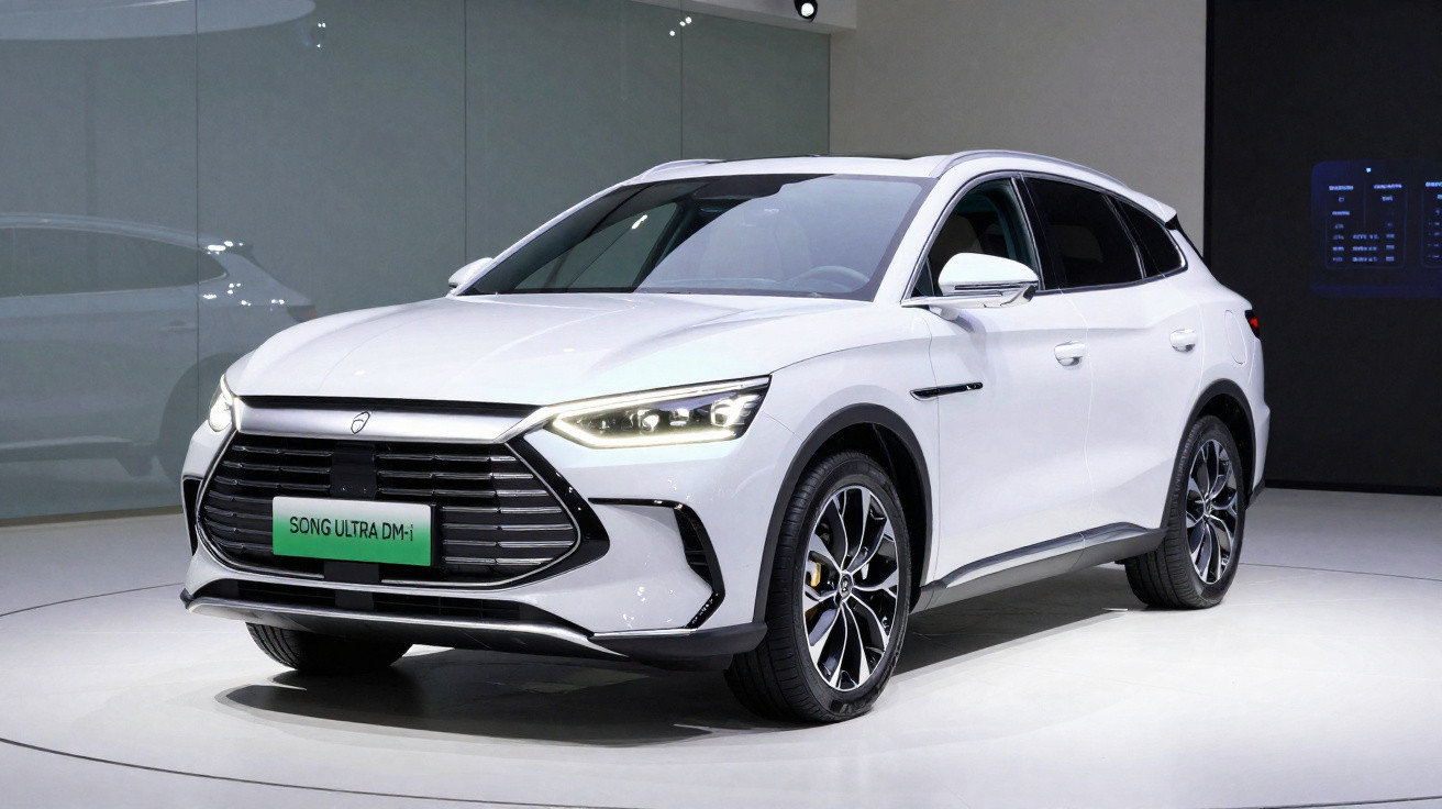 SUV branco moderno estacionado em ambiente interno com luz branca e placa dianteira verde.