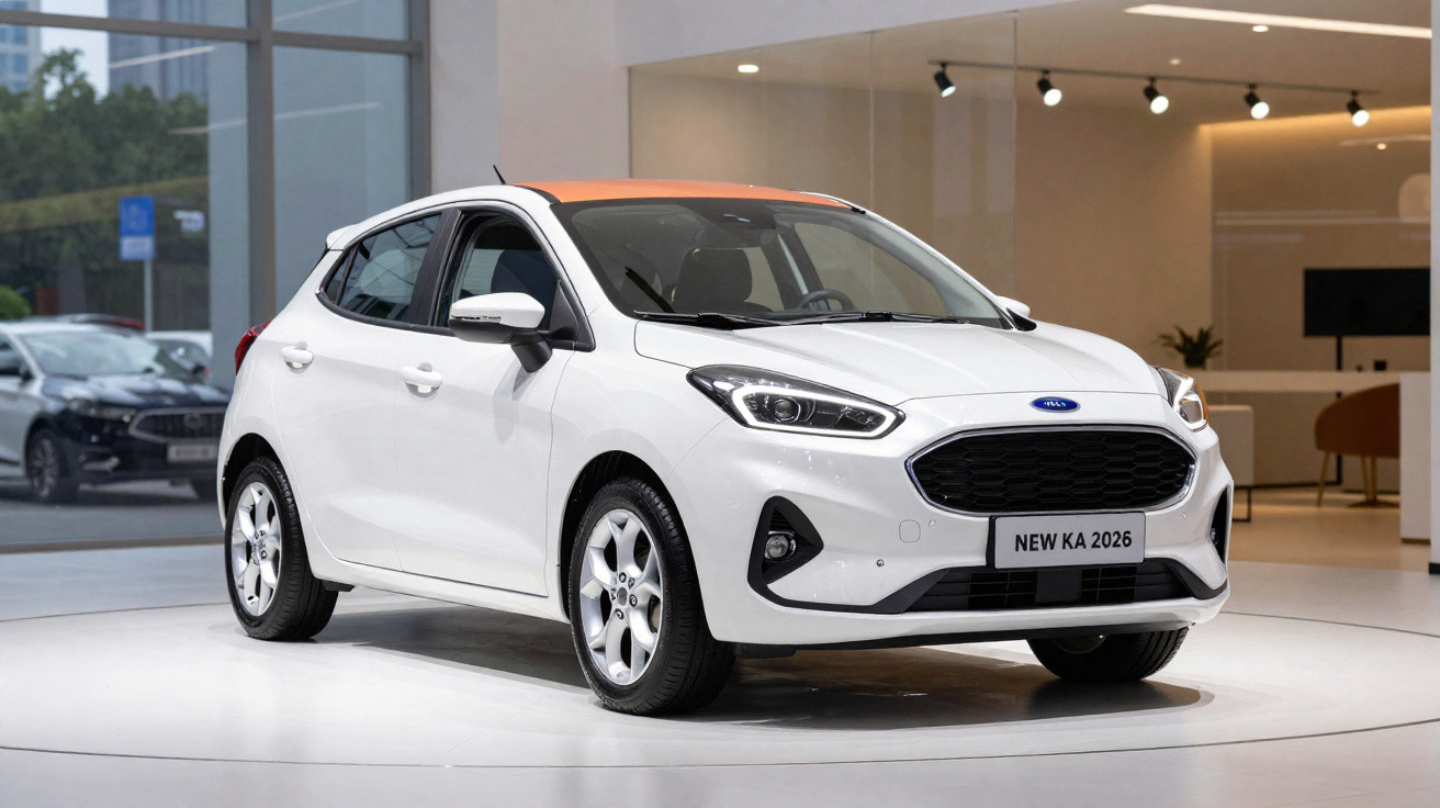 Carro branco Ford New Ka 2026 com teto laranja exibido em showroom moderno iluminado.