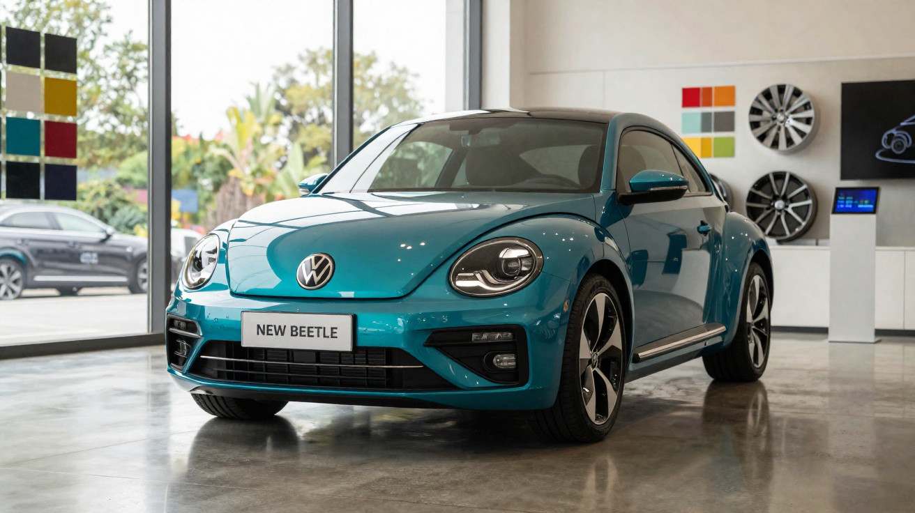 Carro Volkswagen New Beetle azul exibido em concessionária com detalhes modernos no interior.