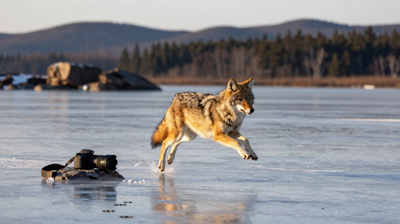 Lobo cinzento pulando sobre o gelo próximo a uma câmera fotográfica sobre um lago congelado.