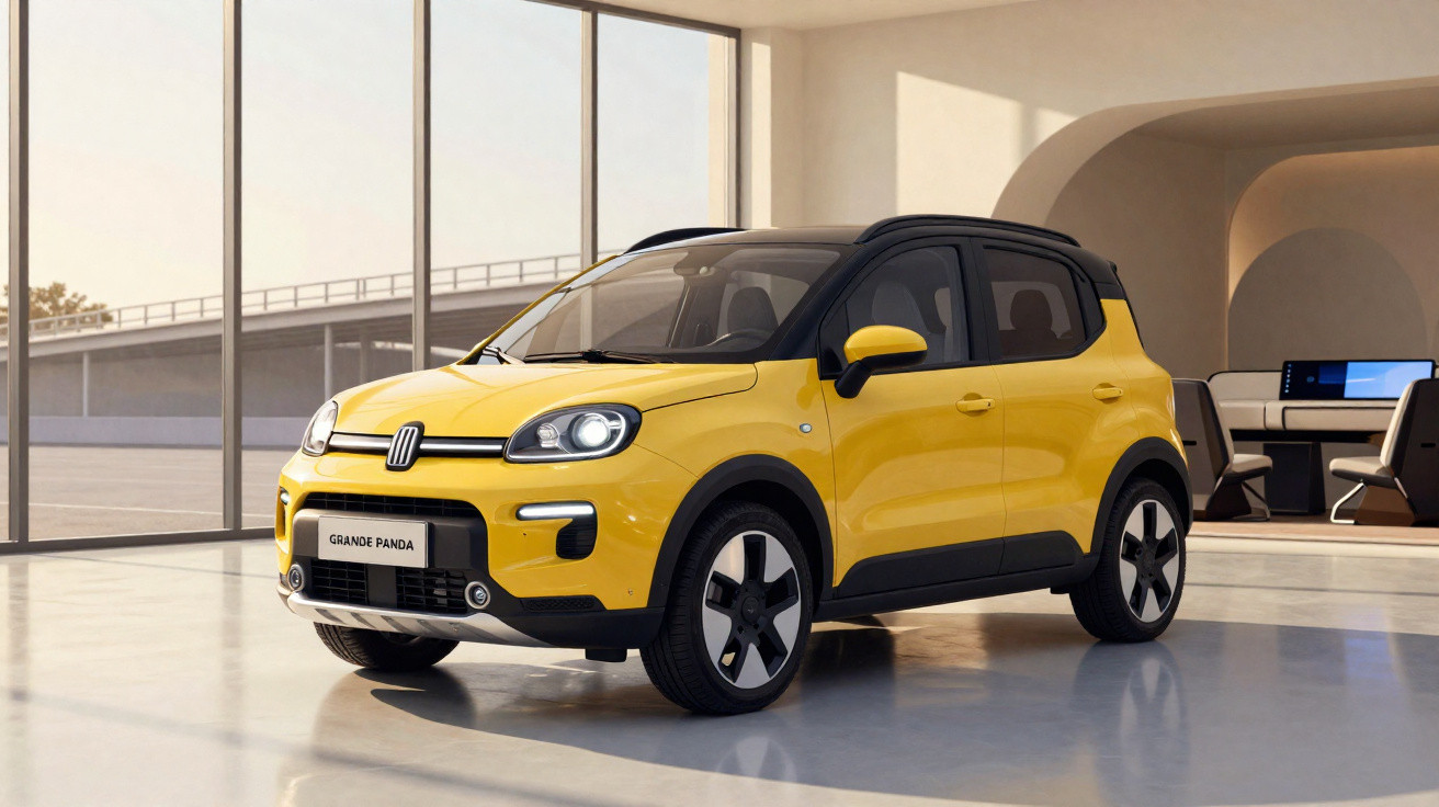 Carro SUV compacto amarelo Fiat Grande Panda estacionado em ambiente interno moderno e iluminado.