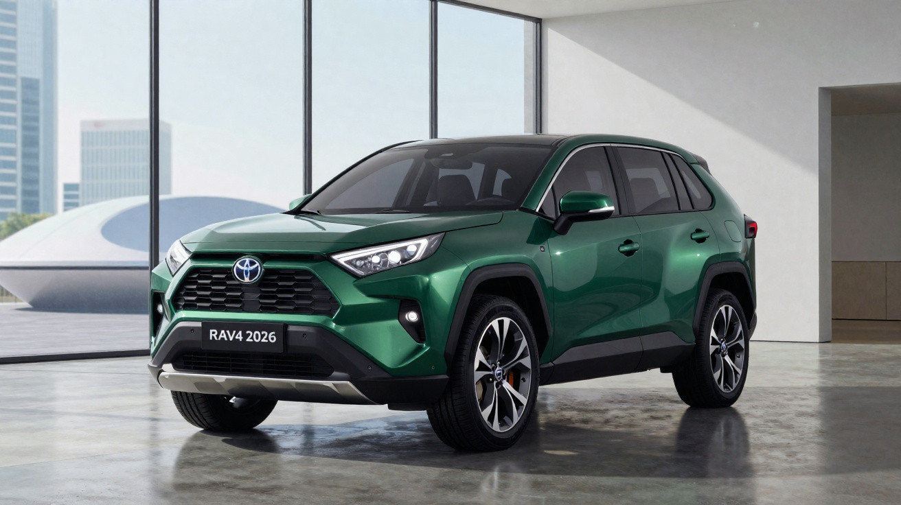 SUV Toyota RAV4 2026 verde estacionado em ambiente interno com grandes janelas ao fundo.