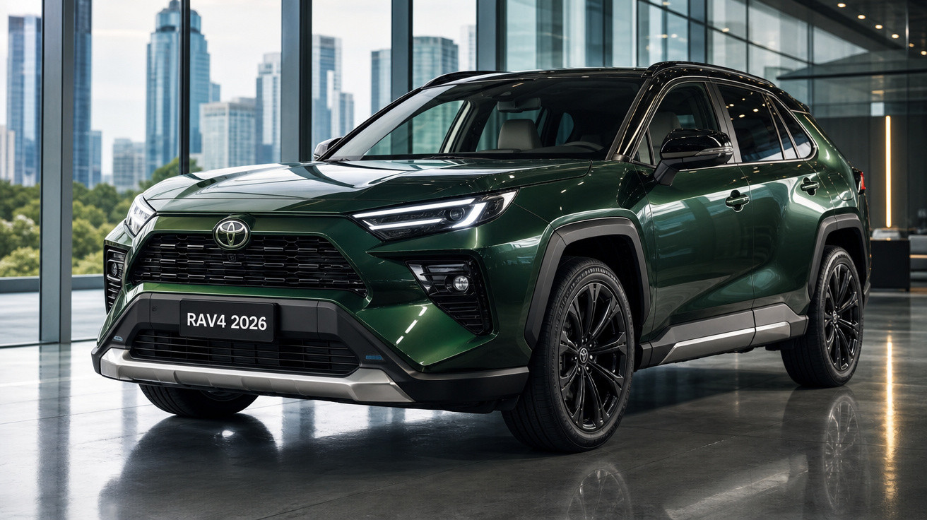 Toyota RAV4 2026 verde escuro estacionado em ambiente moderno com prédios ao fundo.