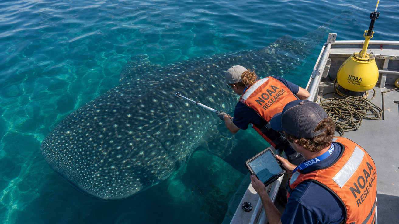 Dois pesquisadores marinhos com coletes laranjas da NOAA estudam um grande tubarão-baleia próximo de um barco.