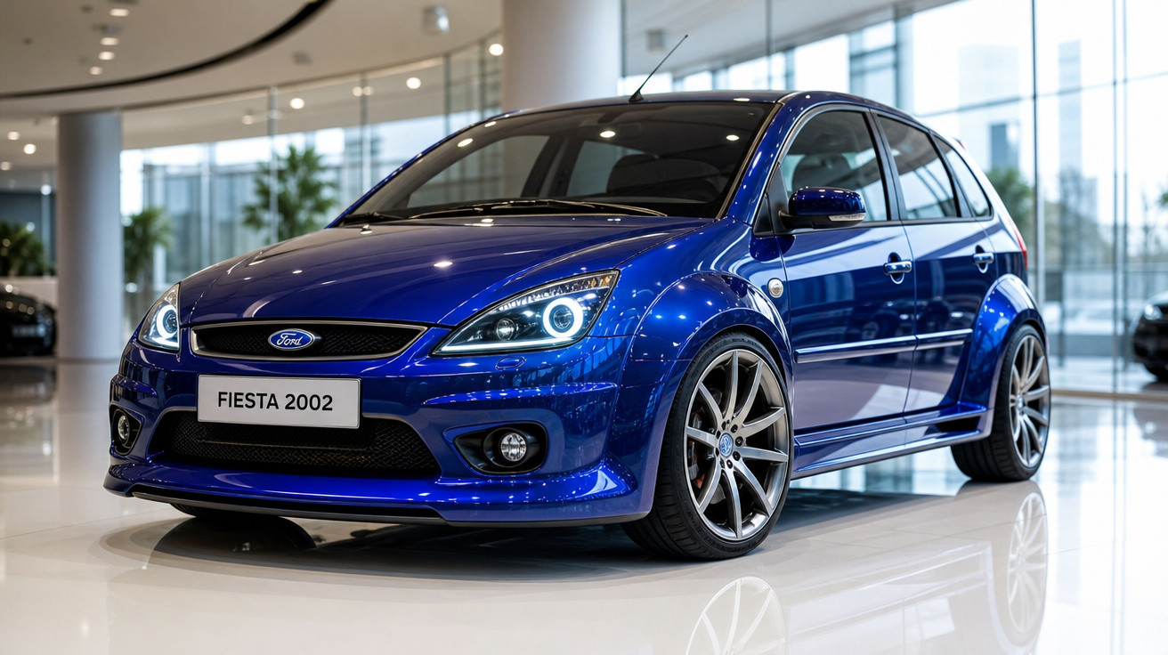 Carro Ford Fiesta 2002 azul em exposição dentro de showroom moderno e iluminado.