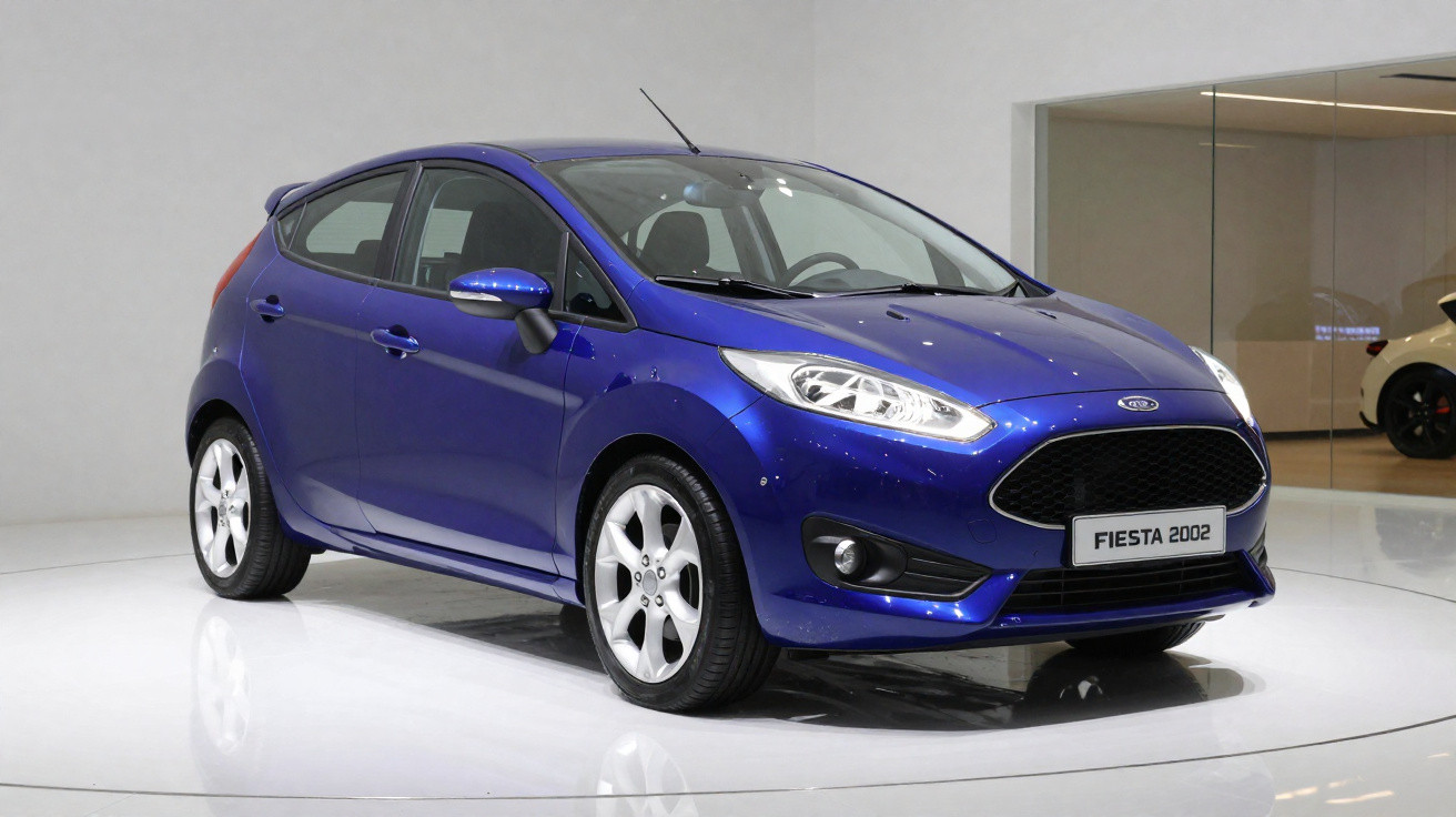 Carro azul Ford Fiesta 2002 hatch mostrado em exposição interna com iluminação branca.