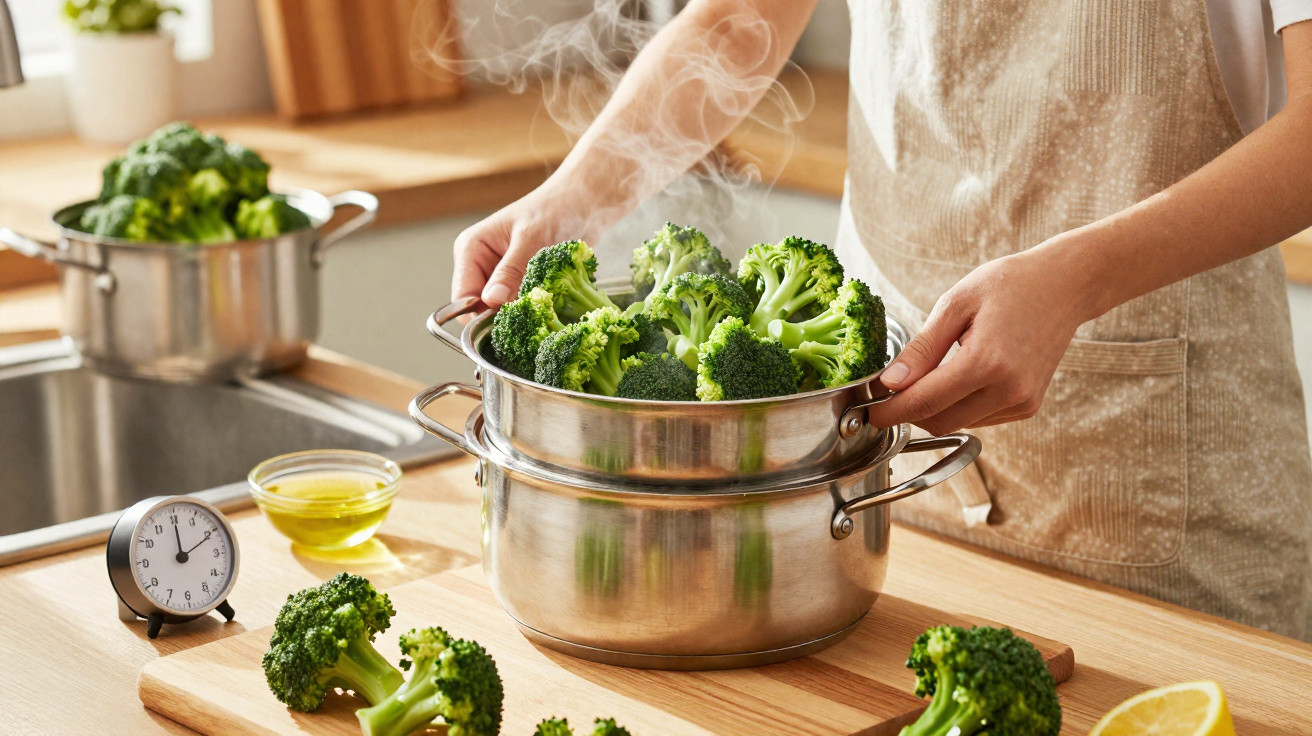 Pessoa cozinhando brócolis no vapor em panela inox em cozinha clara, com vapor visível e utensílios ao redor.
