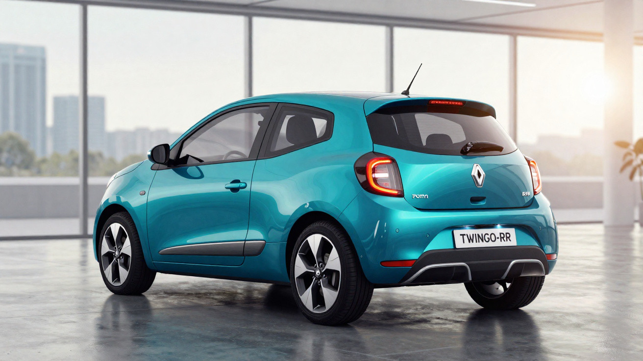 Carro Renault Twingo azul em vista traseira, estacionado em ambiente interno com janelas amplas ao fundo.