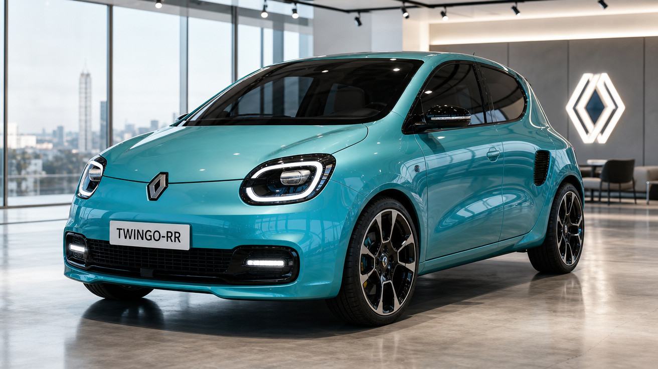 Carro elétrico Renault Twingo RR azul em exposição dentro de sala moderna e iluminada.