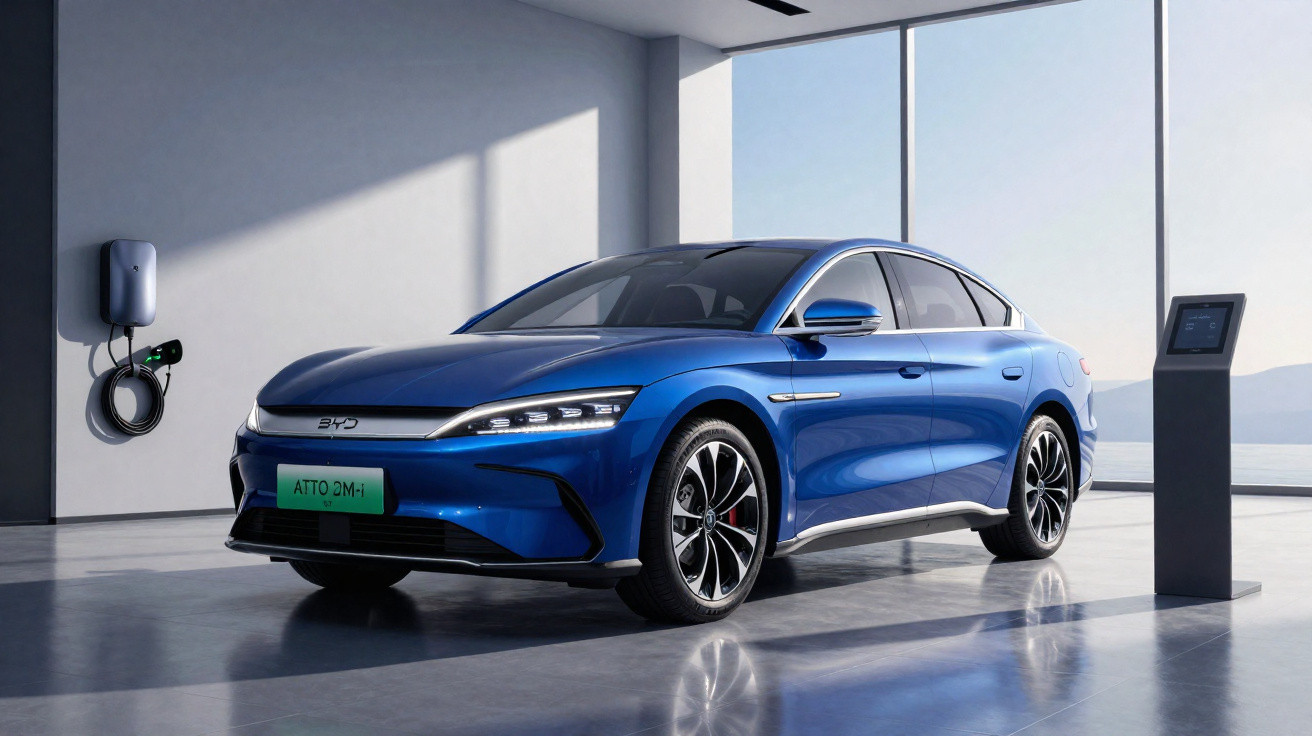 Carro elétrico azul estacionado em ambiente amplo com carregador na parede e painel digital ao lado.