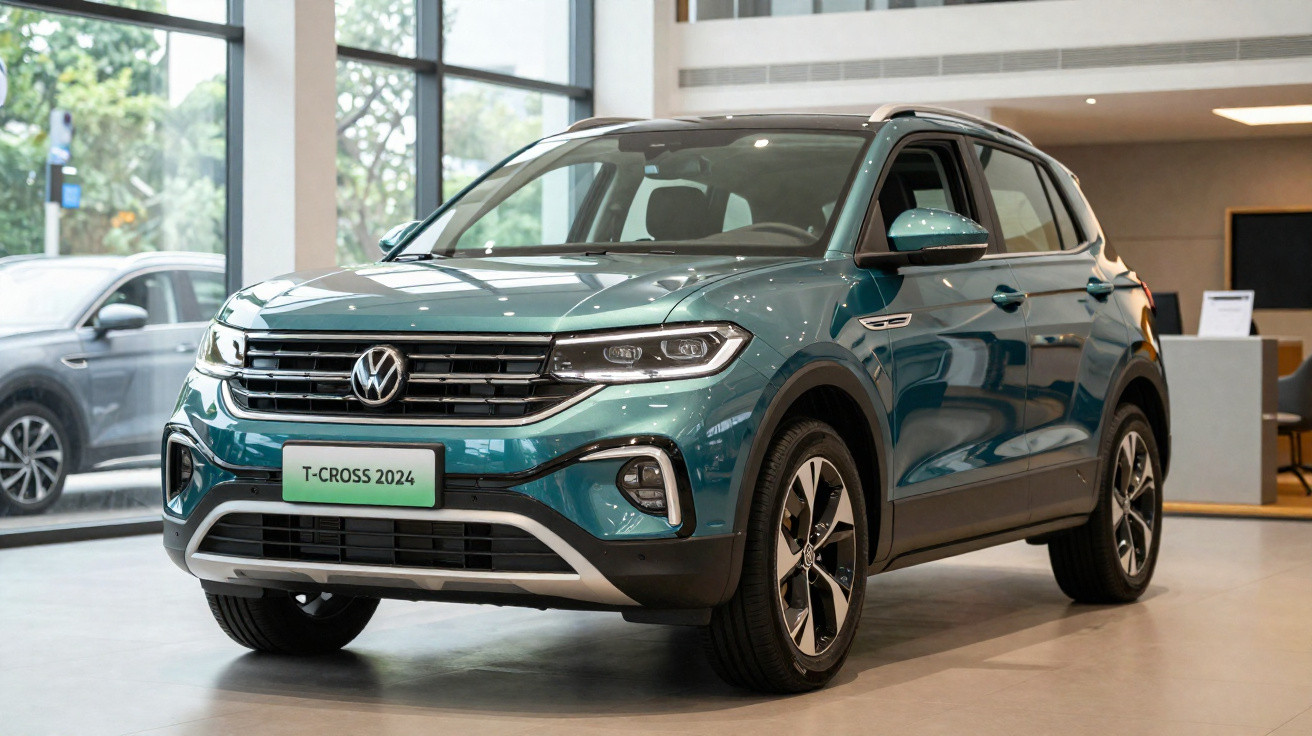 SUV Volkswagen T-Cross 2024 azul exibido em concessionária com ambiente moderno e bem iluminado.
