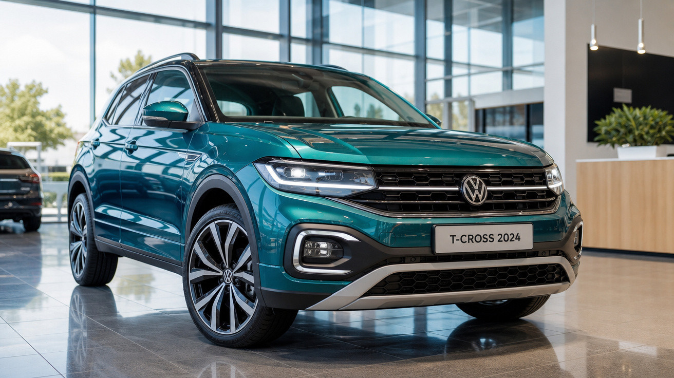 Carro SUV Volkswagen T-Cross 2024 verde em showroom com piso refletivo e parede de vidro.