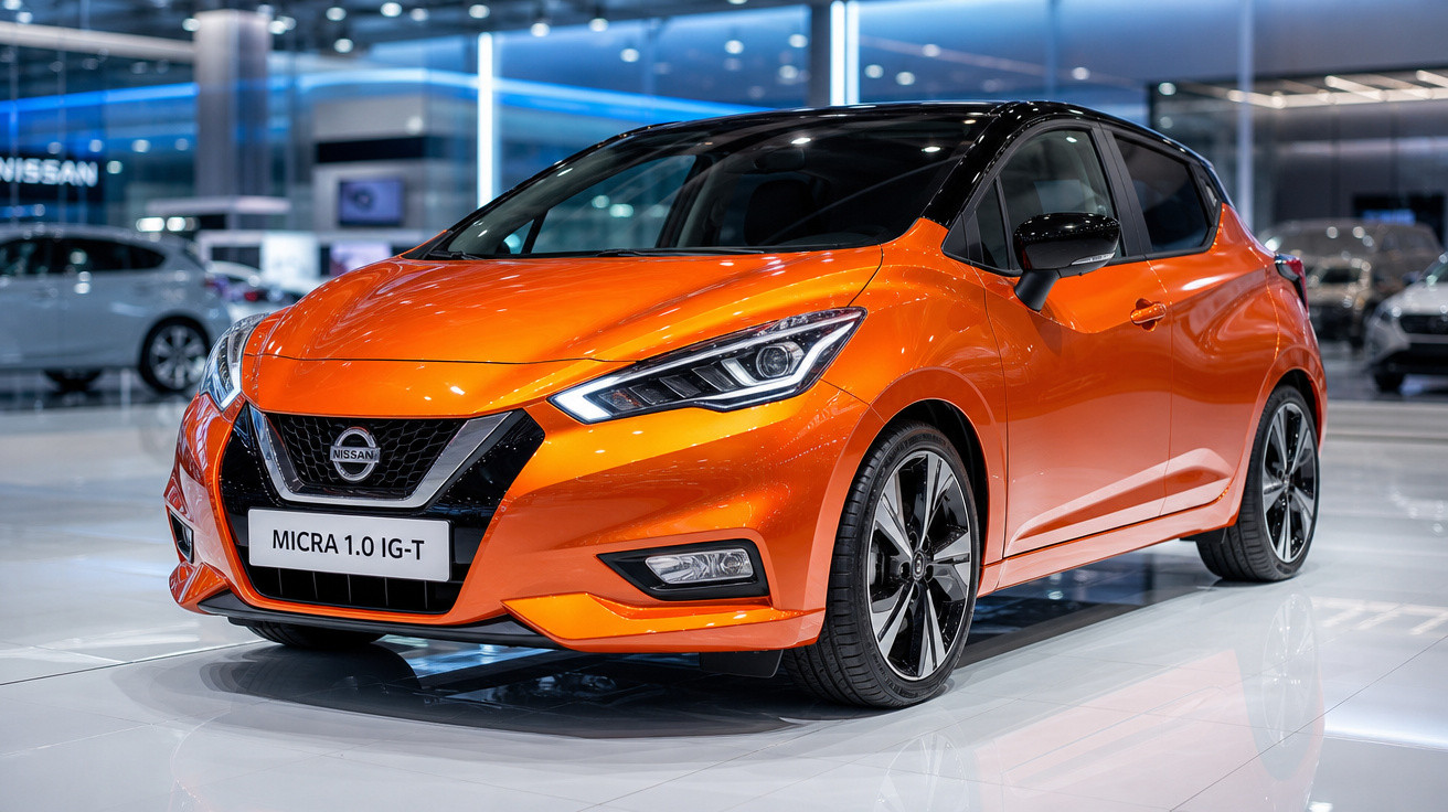 Carro Nissan Micra 1.0 IG-T laranja em exposição em showroom moderno e iluminado.