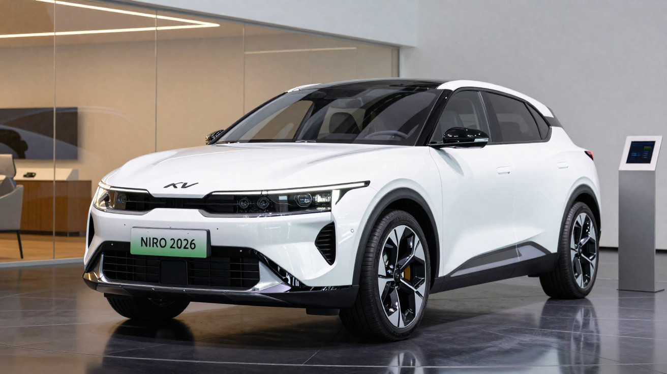 Carro SUV elétrico branco Kia Niro 2026 exibido em ambiente interno moderno com piso escuro.