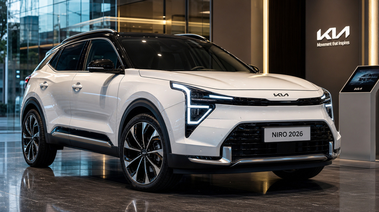 Carro SUV branco Kia Niro 2026 exibido em showroom moderno com vidro e iluminação ambiente.