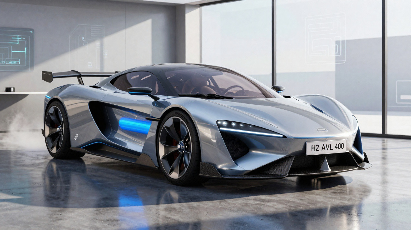 Carro esportivo prateado futurista com luz azul em garagem moderna e janelas amplas de vidro.