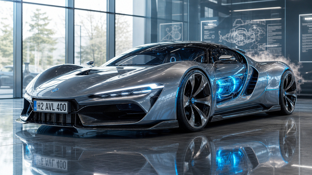 Carro esportivo futurista prata com detalhes azuis iluminados em exposição interna com piso refletivo.