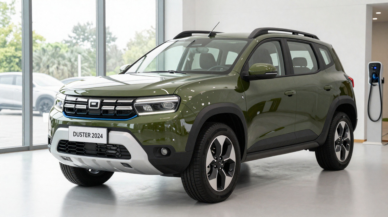 Carro SUV Duster 2024 verde militar exibido em showroom moderno com carregador elétrico ao fundo.