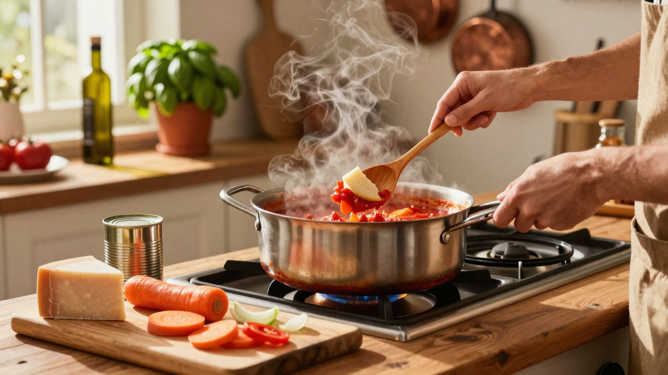 Pessoa mexendo molho fervente de tomate em panela no fogão com ingredientes frescos na bancada de madeira.